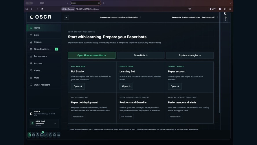 Earlier student workspace: learning, bot drafts, and account connection. Not a current owner-dashboard capture.