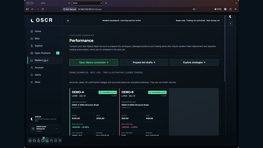 Earlier student Performance demo with simulated values, not broker records.
